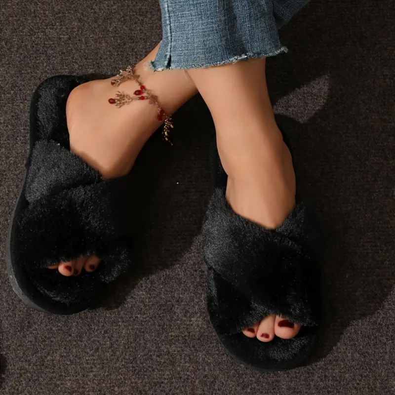 FUZZY CRISS-CROSS SLIPPERS - 40% OFF