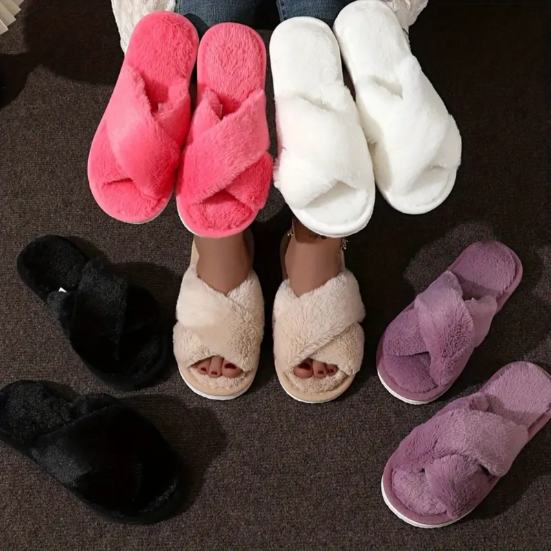 FUZZY CRISS-CROSS SLIPPERS - 40% OFF